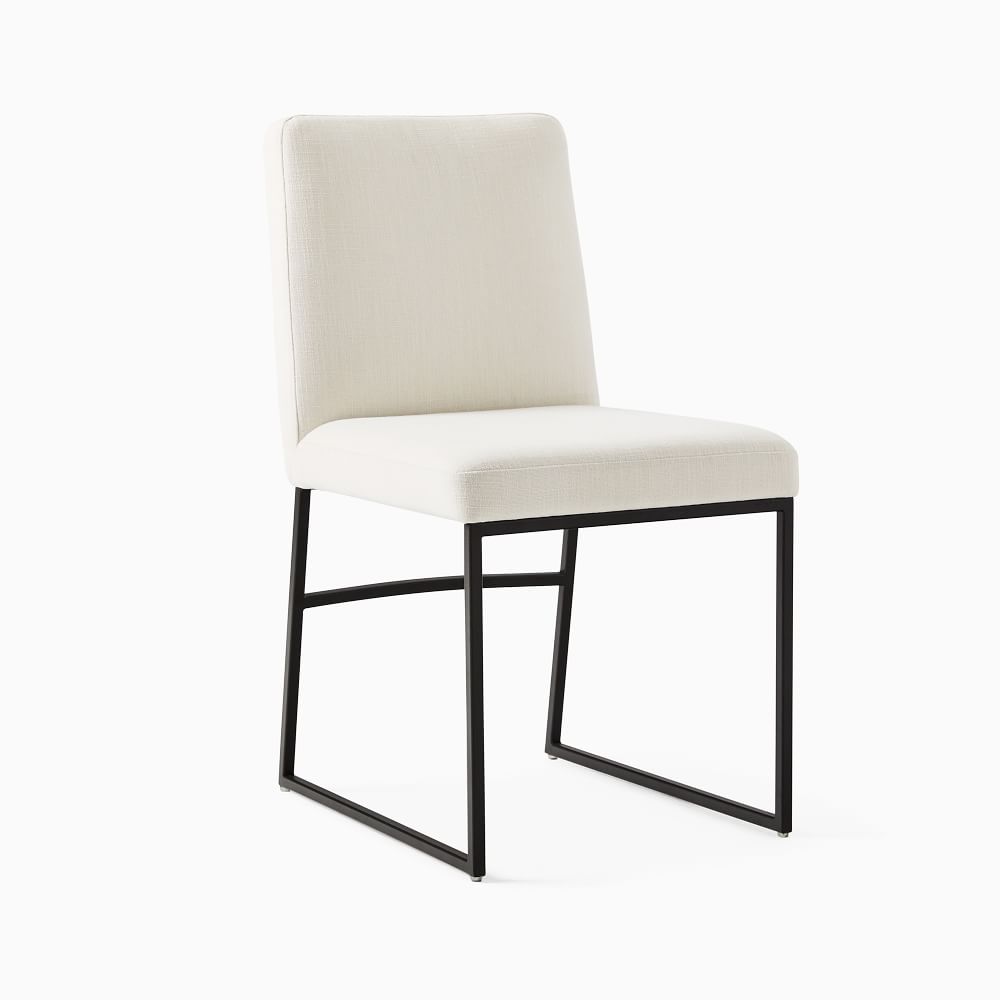 Sleek Dining Chair With White Linen Upholstery And Black Metal Sled Base, West Elm
