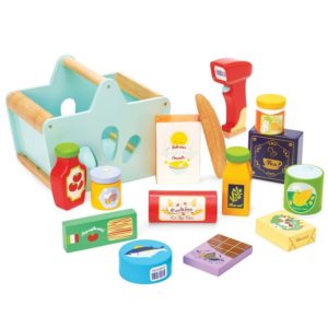rubber wood play food Includes:  1 Shopping Basket, 1 scanner, 14 groceries: chocolate bar, tuna can, spaghetti box, honey jar, ketchup bottle, loaf of bread, carrot pure, corn can, olive oil, box of cereals, butter, tea box, cookies package.