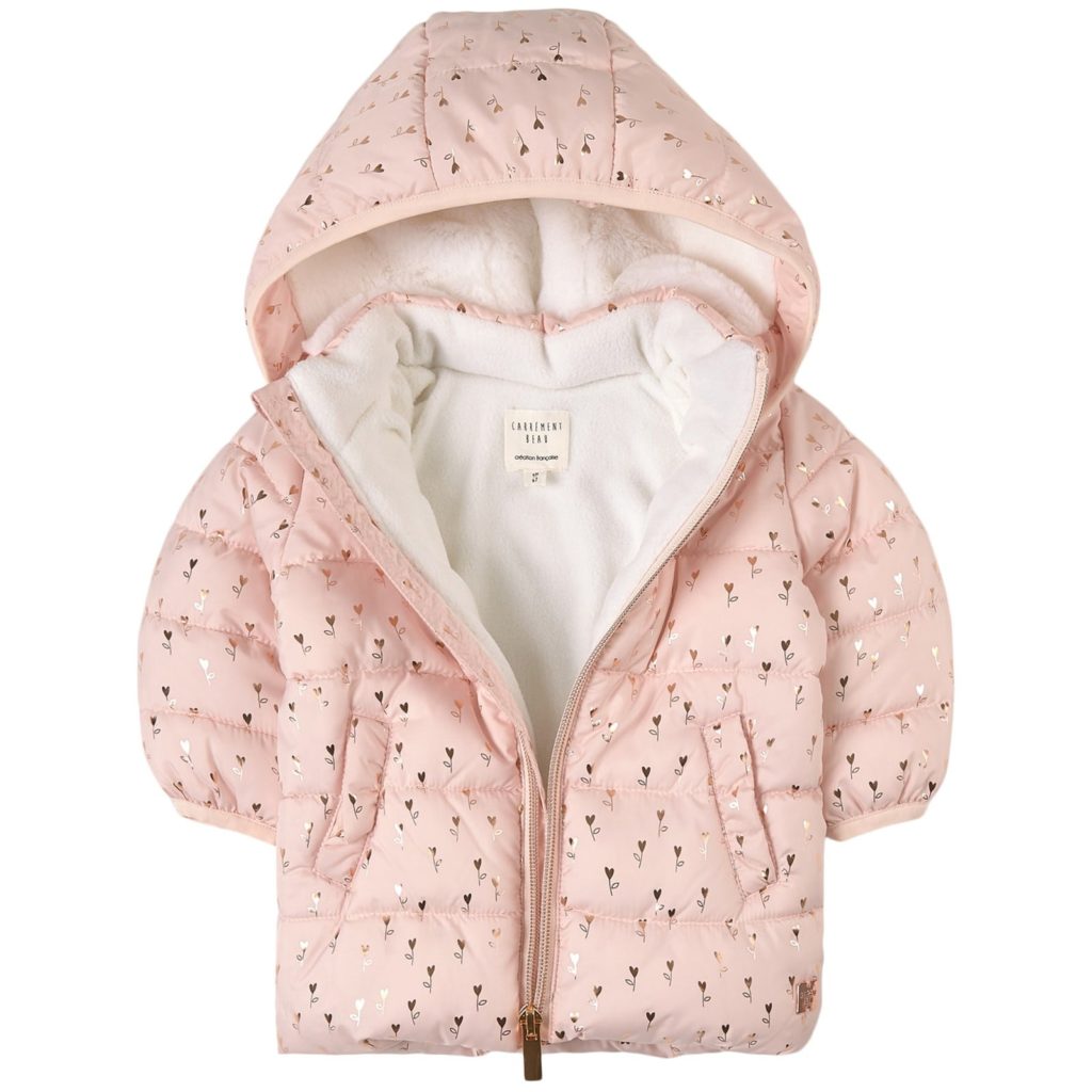 Pink Baby Puff Jacket With Gold Hearts Print