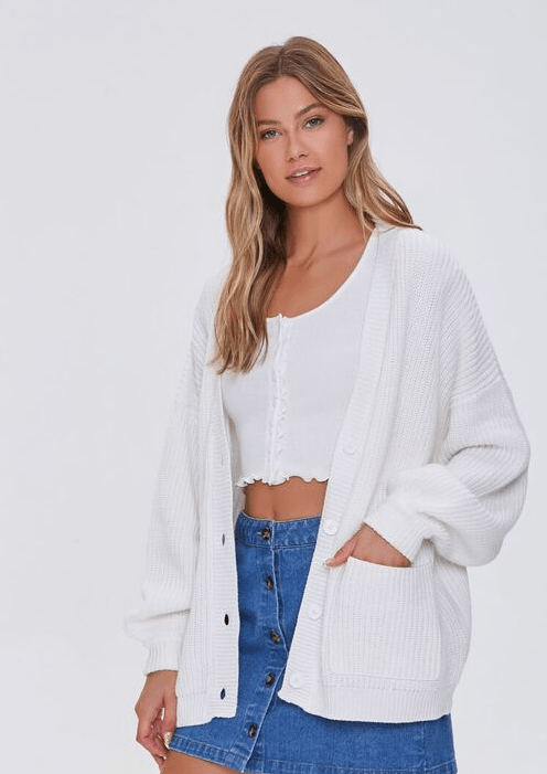 Balloon Sleeves Button-Up White Cardigan Sweater, by Forever21