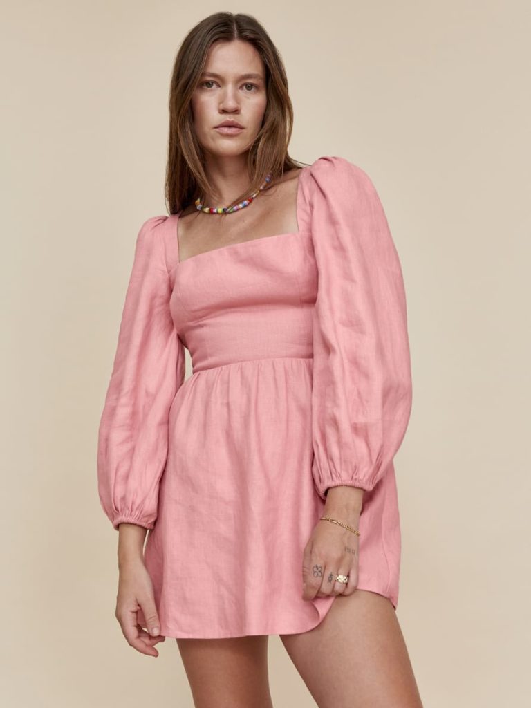 Linen Mini Pink Dress With Open Back & Puff Sleeve, Reformation