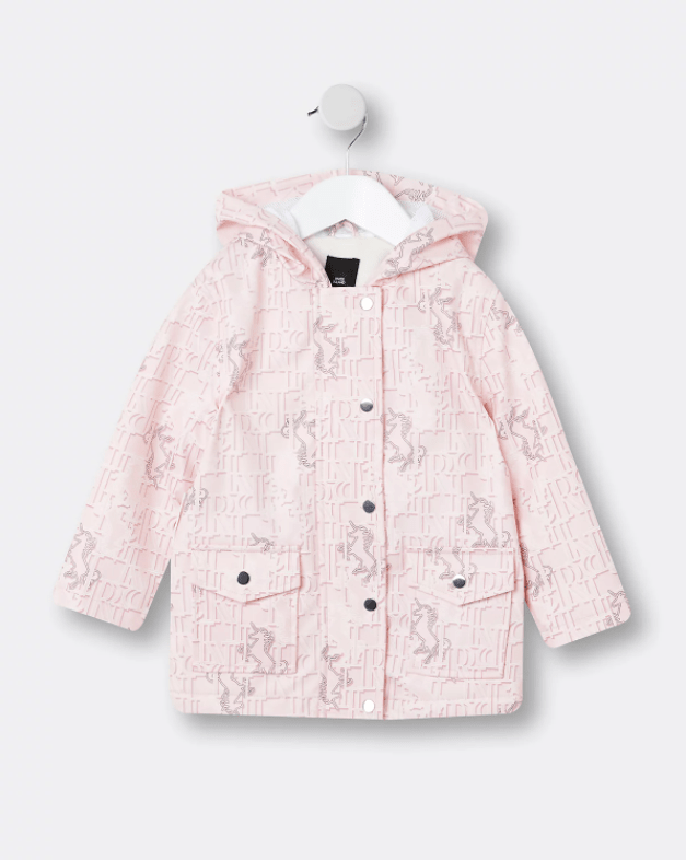 River Island Logo & Unicorn Pink Rain Jacket For Baby Girl
