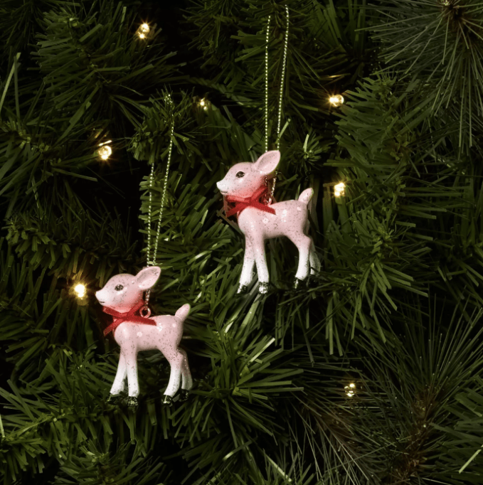 Retro Small Pink Deer Christmas Ornament Set of 2