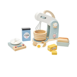 non toxic wood Mixer with metal whisk, on/off button, and wooden bowl, kitchen scale, wooden, crackable egg with felt yolk, Box of flour containing 15 white disks, and pack of butter_tender leaf toys