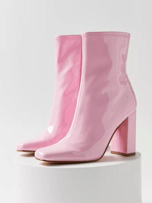 lynden square toe block heel Mid Calf Pink Patent Boots, by Steve Madden