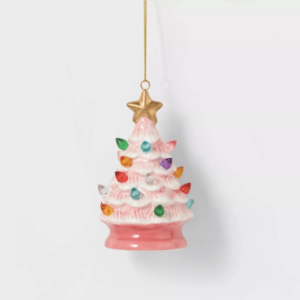 Pink lit ceramic christmas tree ornament