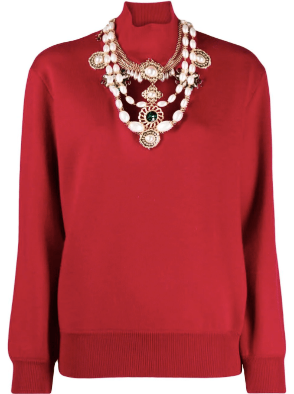 Faux-Pearl Embellished Red Merino Jumper
