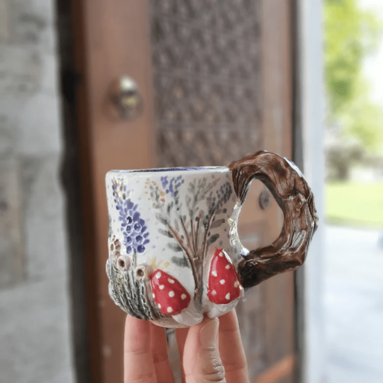 Handmade Ceramic Mushroom & Lavender Coffee Mugs