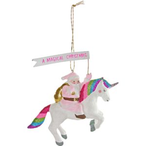 Pink santa on rainbow unicorn merry magical christmas cody foster resin ornament