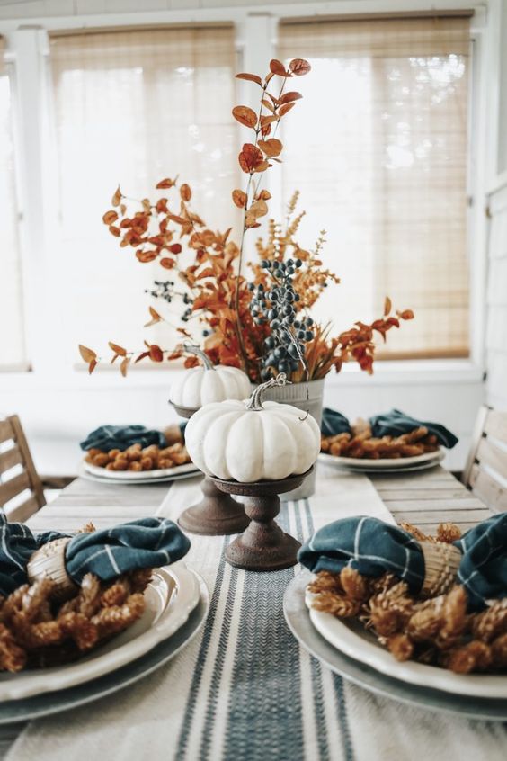 rustic thanksgiving dinner table blue and orange