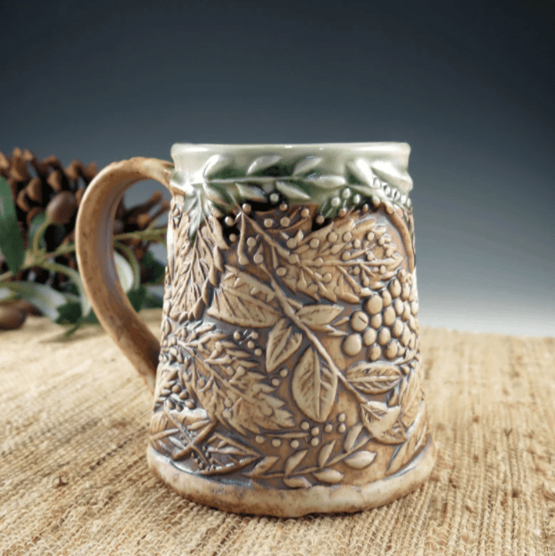 Handmade Ceramic Pottery Mug With Berries, Leaves & Branches
