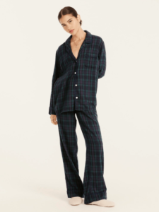 Flannel Cotton Long-Sleeve PJ Set in Black Watch Tartan