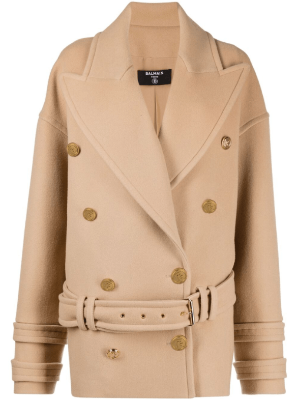 BALMAIN Double-Breasted Cashmere Coat,  $2,595 $2,206 + 20% OFF ON CHECKOUT SHOP NOW 