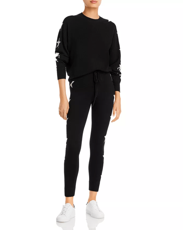 Black Cashmere Star Print Sweater & Cashmere Jogger Pants, AQUA