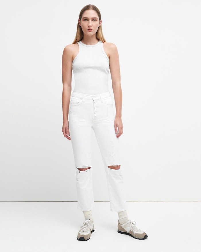 HIGH WAIST CROPPED STRAIGHT WITH EXPOSED BUTTON FLY & DESTROY IN ROYCE BLANC