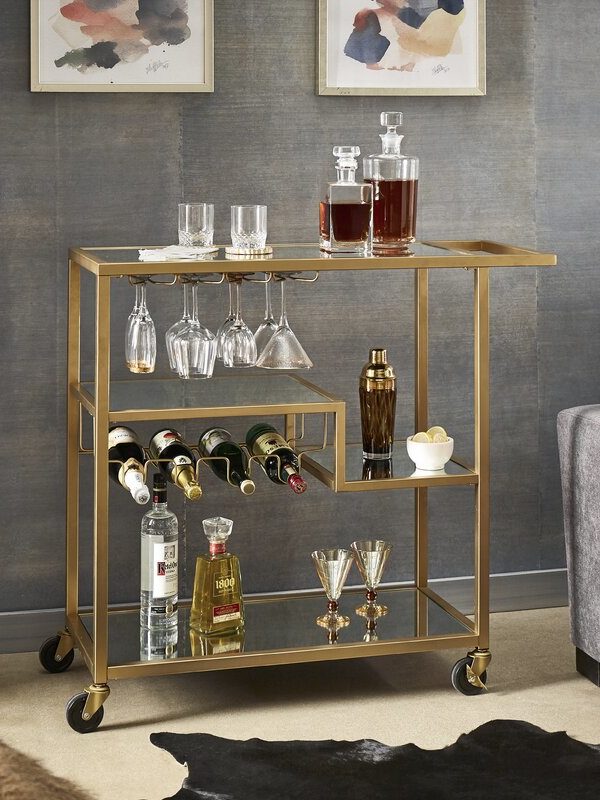 Glass 3 Tier Gold Bar Cart With Wine Rack