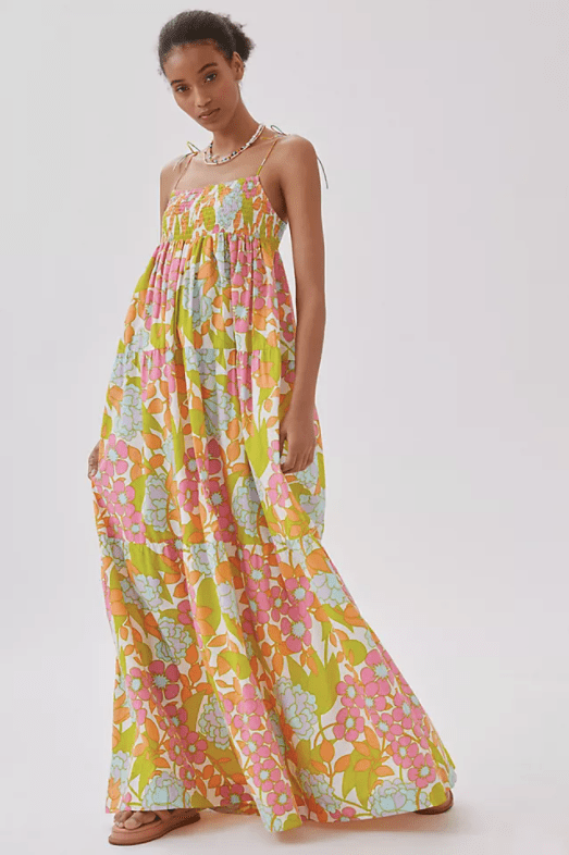Spring Floral Empire-Waisted Cotton Maxi Dress