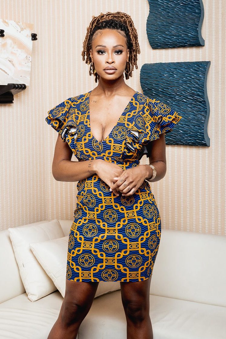 Hanuni African Print Stretch Ruffle Dress (Blue Gold Adinkra)