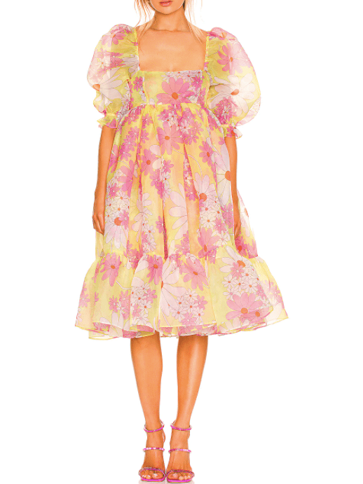 selkie Yellow & Pink Floral Puff Dress square neck empire waist inspired by bridgerton