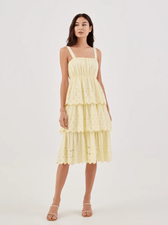 Broiderie 3 Tiers Midi Yellow Dress With Ruched Bodice