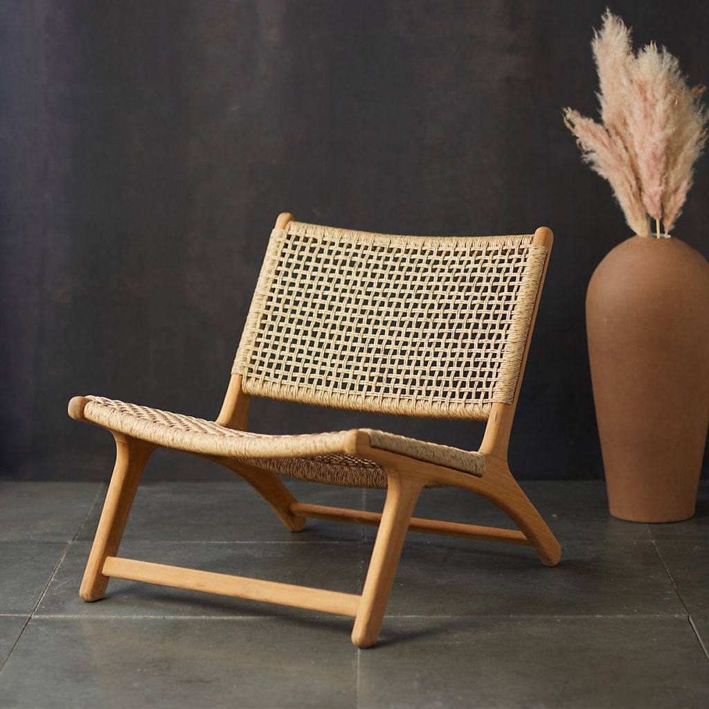 Open Wicker Weave Teak Armless Outdoor Lounge Chair