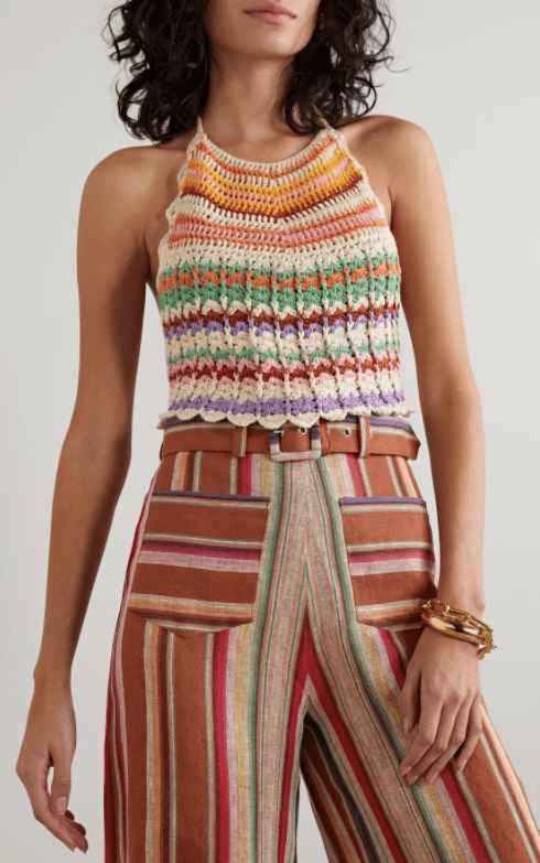 MIGUELINA  cropped striped crocheted Pima cotton halterneck top