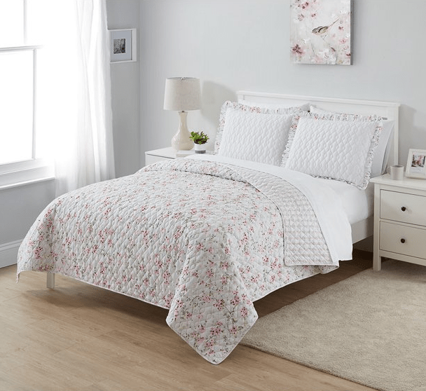 Simply Shabby Chic Farmhouse Reversible Cherry Blossom Floral 3-Piece Quilt Set