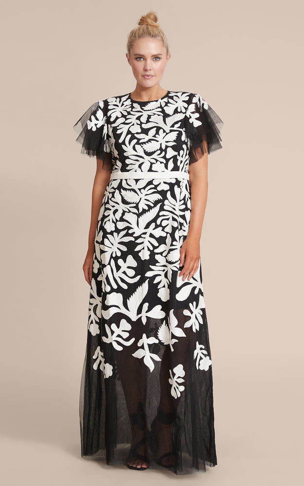 Plus Size Black & White Floral Formal Evening Gown, Ahluwalia