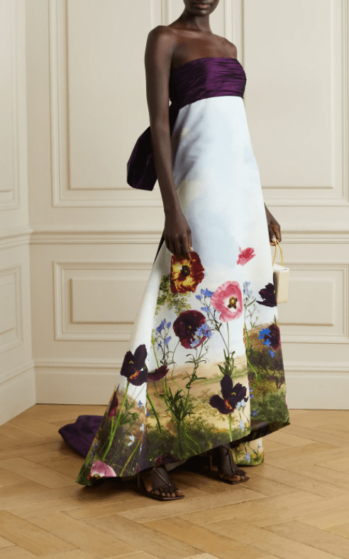 Strapless bow-embellished silk-faille & floral-print taffeta gown Oscar de la Renta
