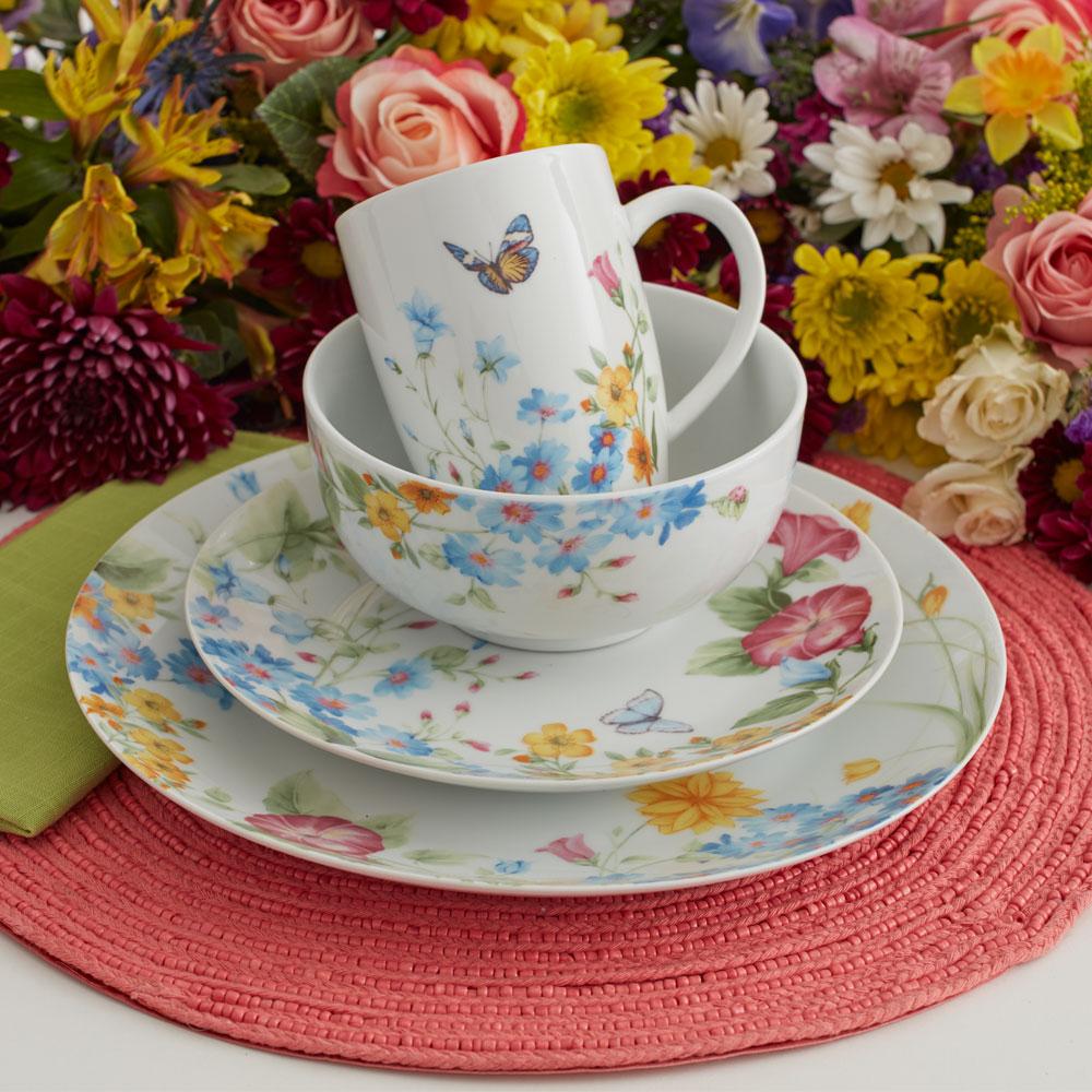 Pink, Blue & Yellow Floral Butterfly Dinnerware Set