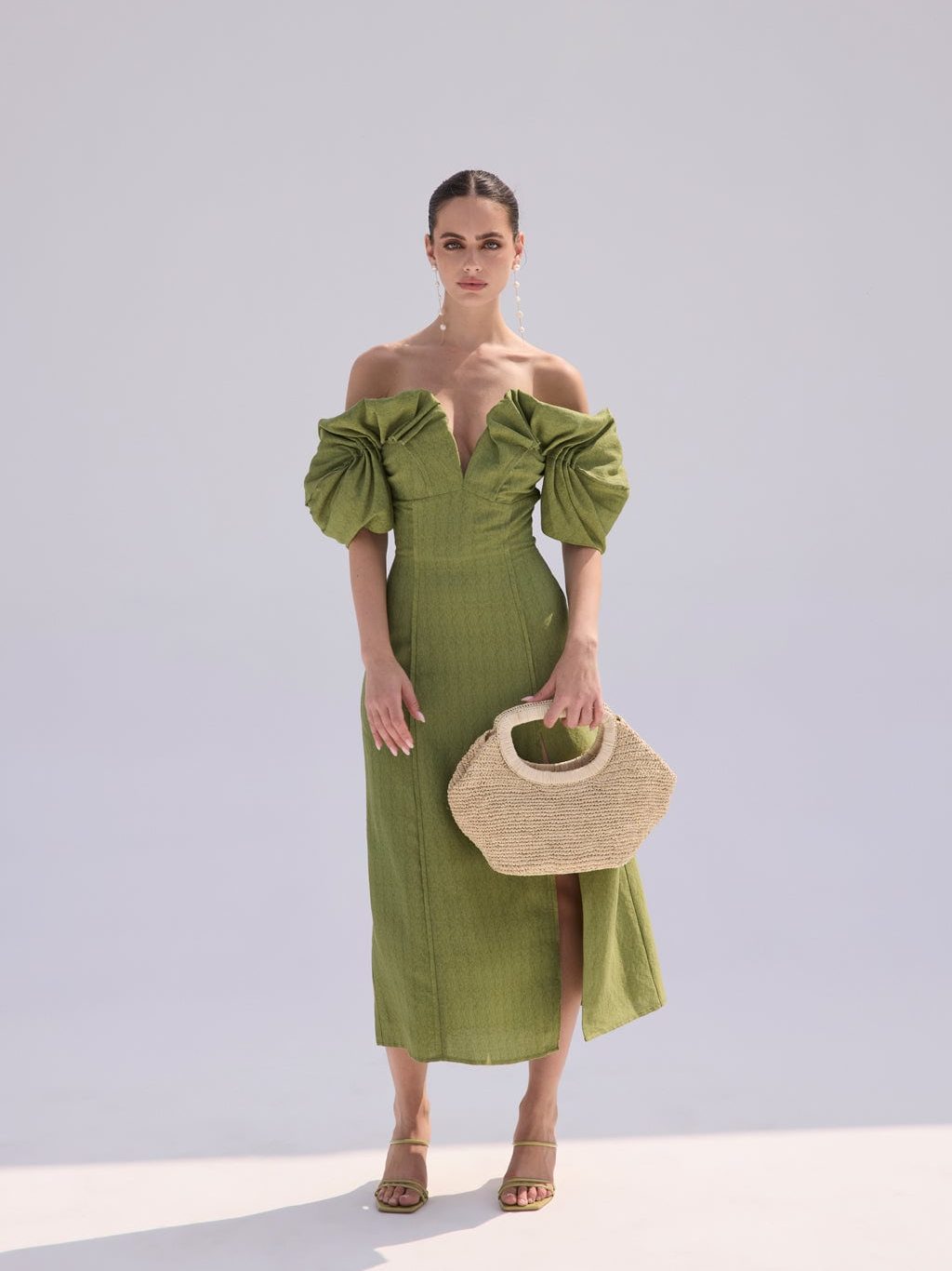 Green Off-The-Shoulder Chic Linen Blend Dress For Mother of the Bride