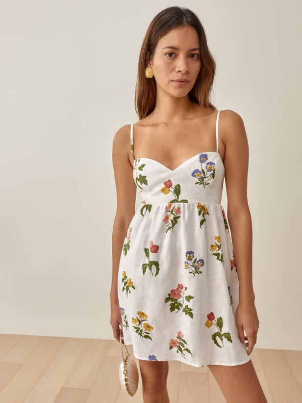 Pure Linen Floral Short Dress w/ Empire Waist reformation