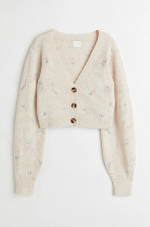 Cropped Knit Cardigan With Delicate Flower Embroidery by  H&M