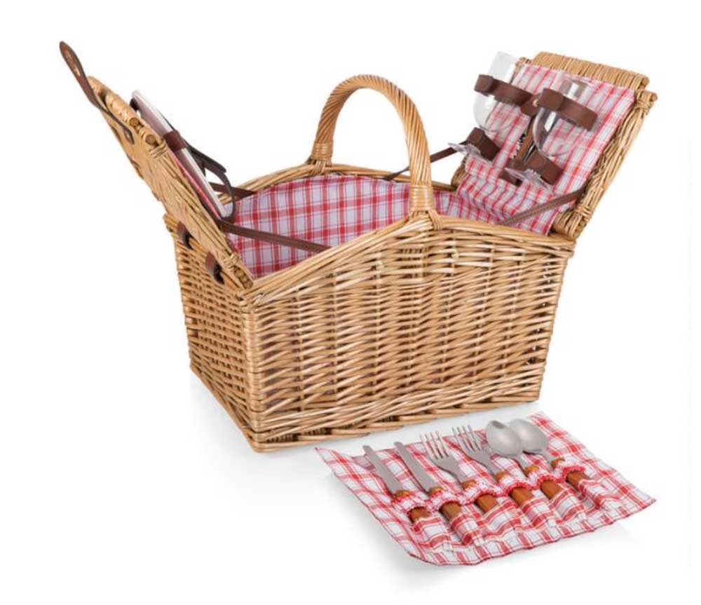 red and white wicker picnic basket
