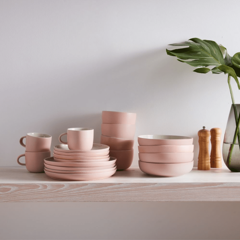 Pink and White Stoneware Dinnerware Set for 4 People With Mug
