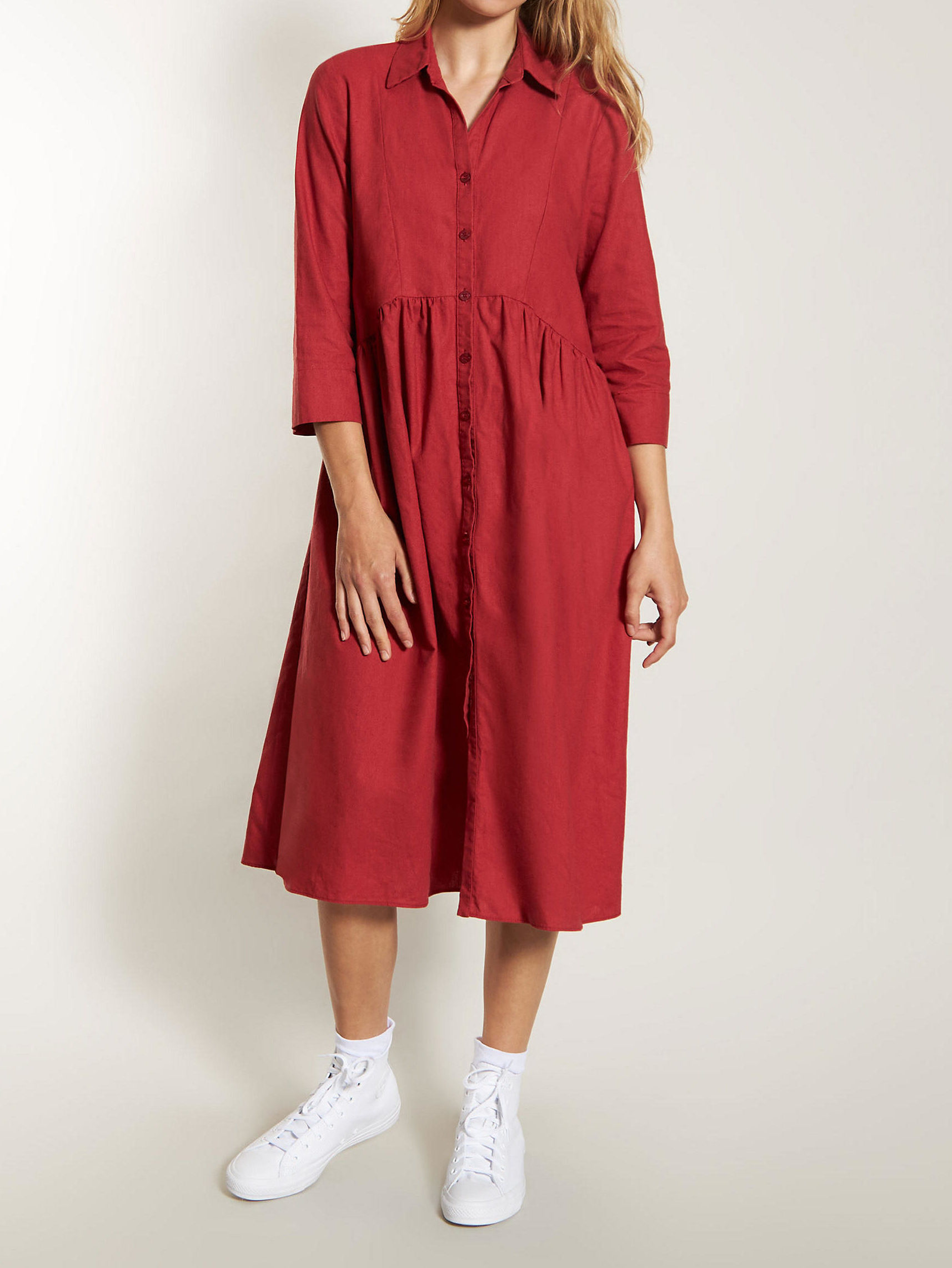 Oversized Red Organic Linen Blend Midi Shirtdress Made in Canada