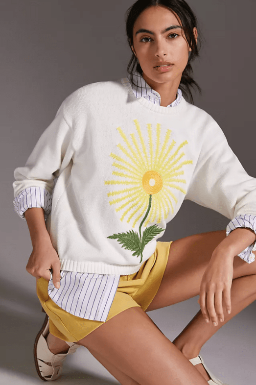 Yukon Yellow Flower Embroidered Pullover Sweater, at Anthropology