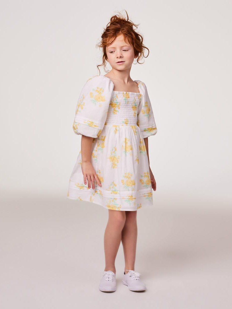 Yellow & White Floral Smocked Bubble Dress