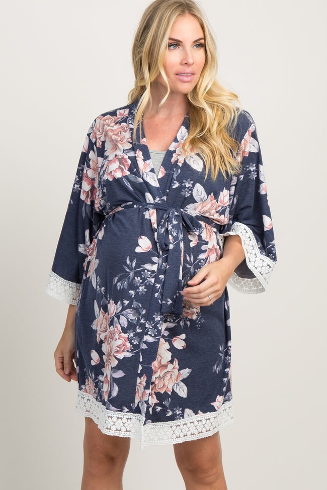Navy Faded Floral Lace Trim Maternity Delivery/Nursing Robe