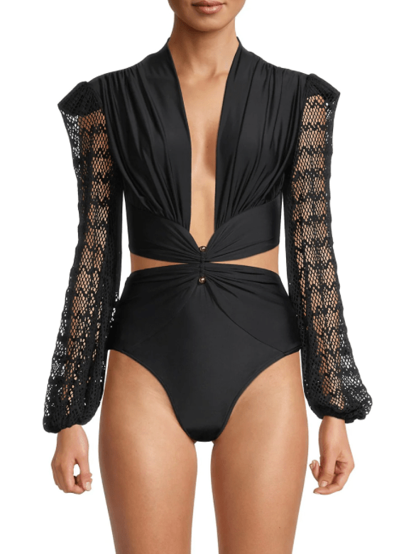 Plunging Netted One-Piece Swimsuit, PatBo