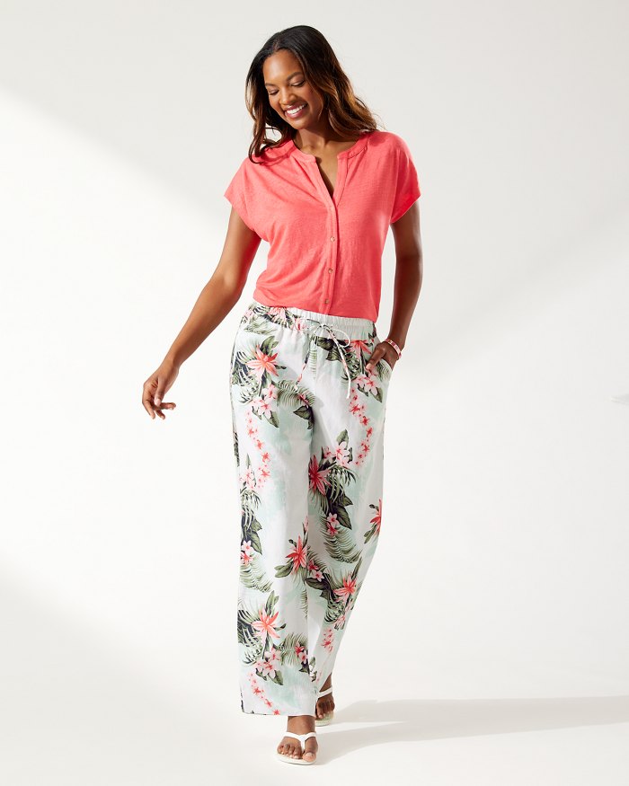 Floral Linen Pants With Elastic Waistband, Drawstrings & Pockets, Tommy Bahama
