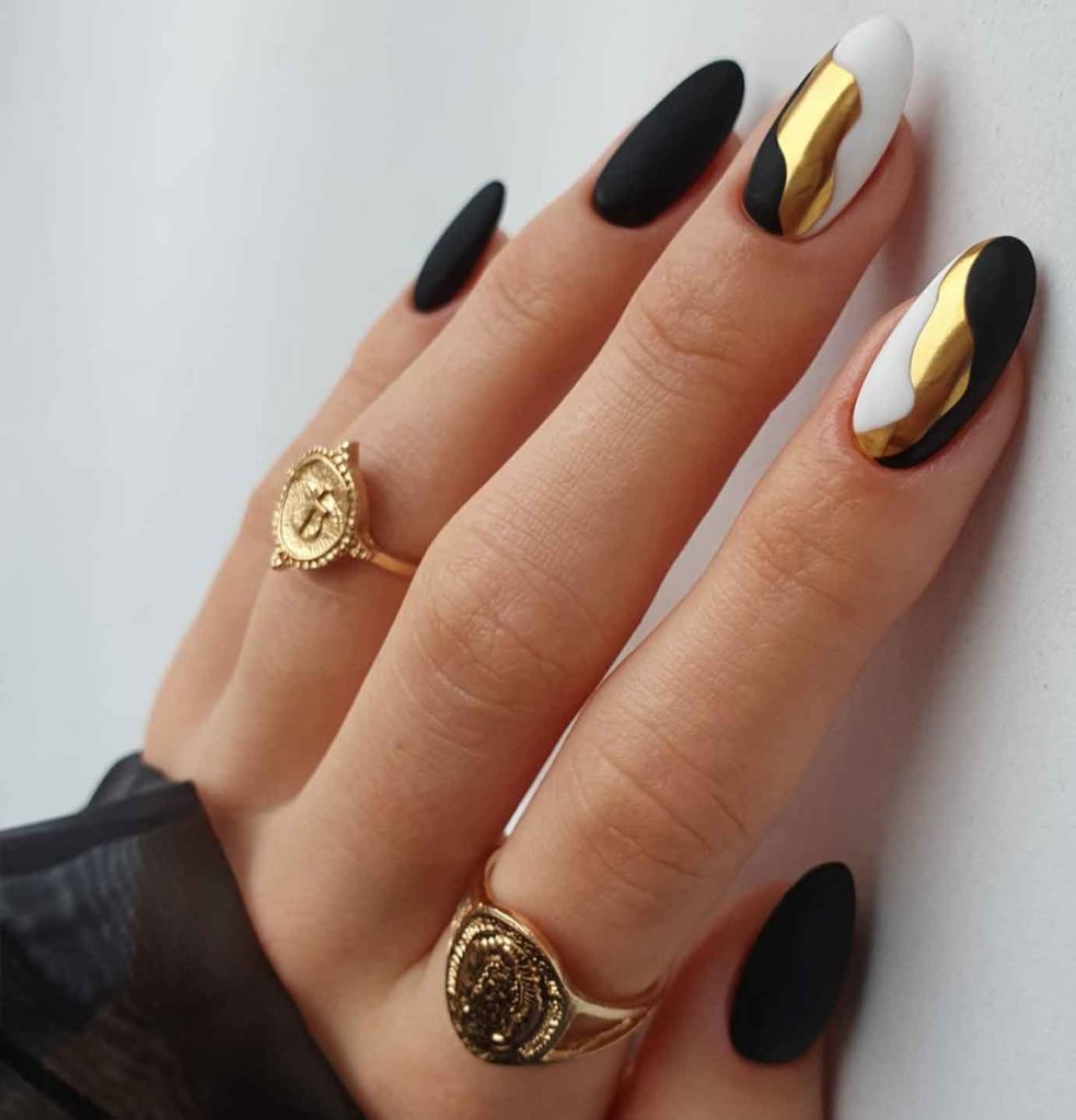 black white gold nail art