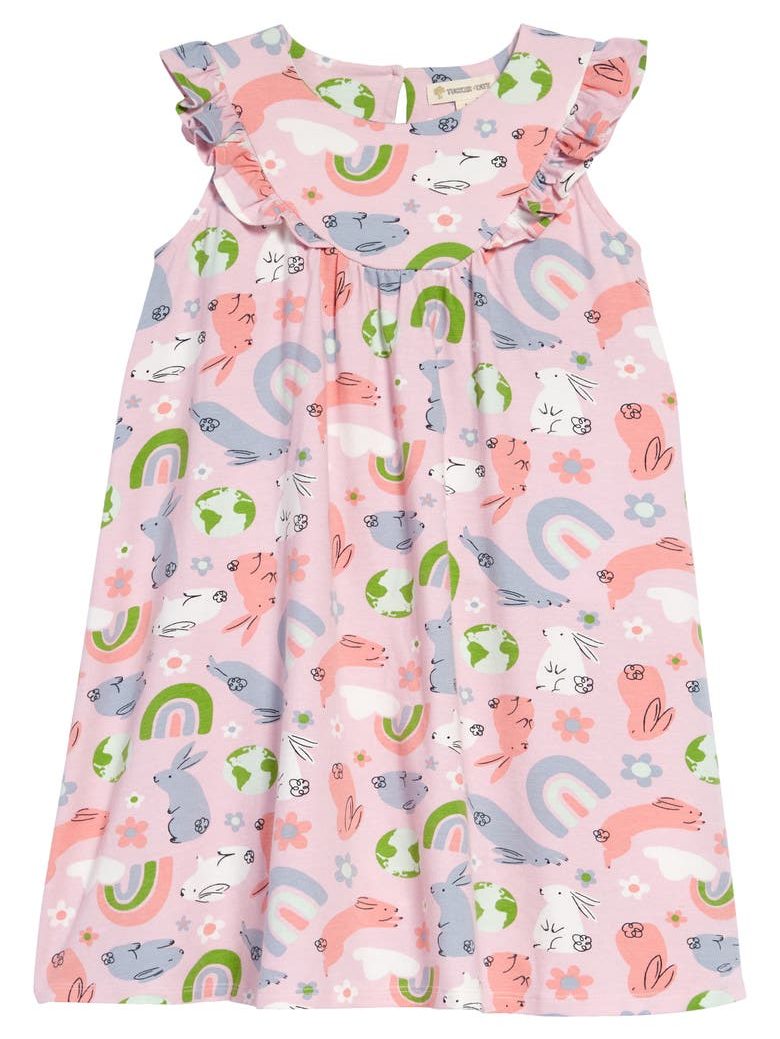 Bunny & Rainbow Print Pink Ruffled Dress