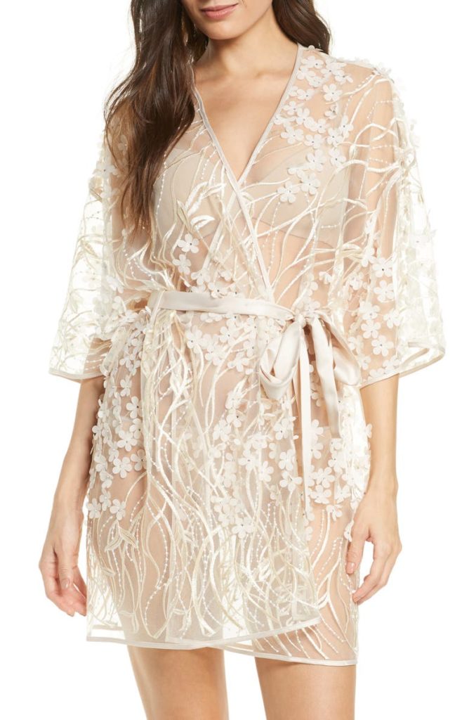Sheer Robe With White Floral Appliqué