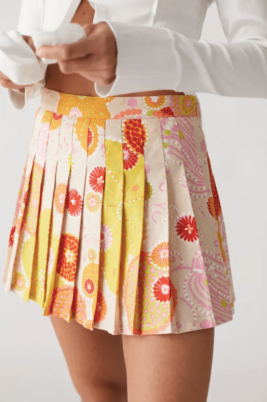 A-Line Pleated Floral Mini Skirt 