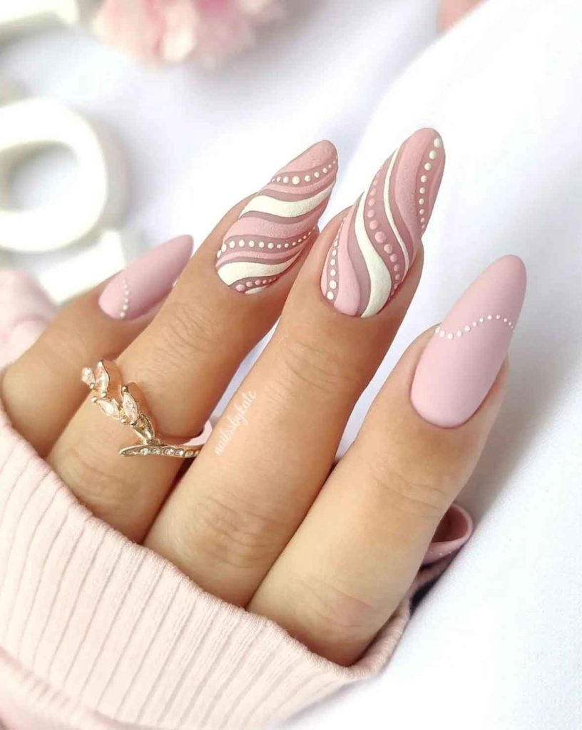 almond long light pink nails with white