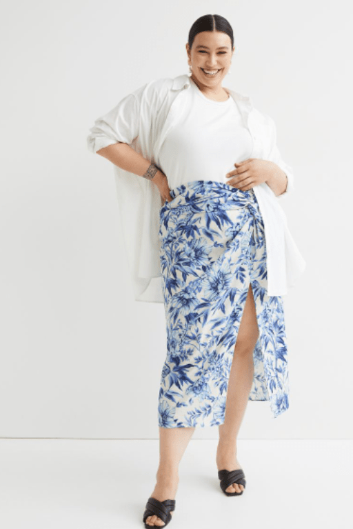 Plus Size Draped Linen-blend Midi Skirt