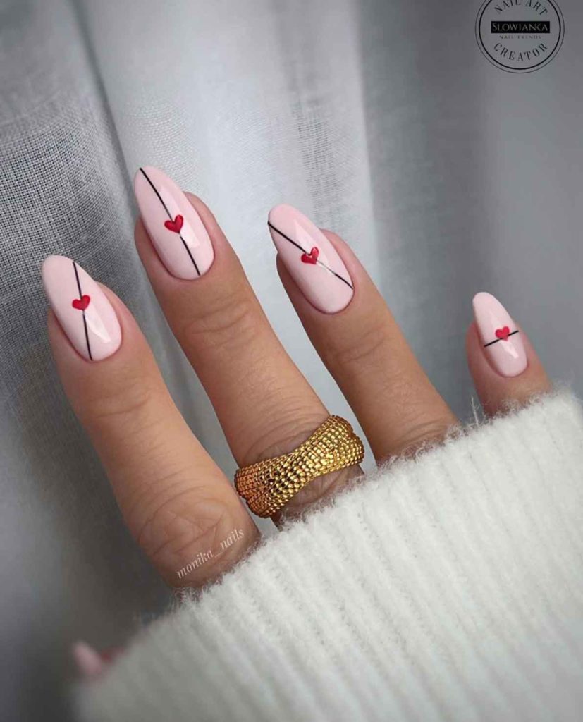 light pink nails almond with red heart