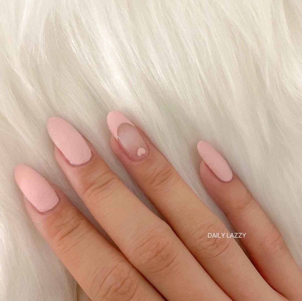 matte light pink long nails with heart for valentines