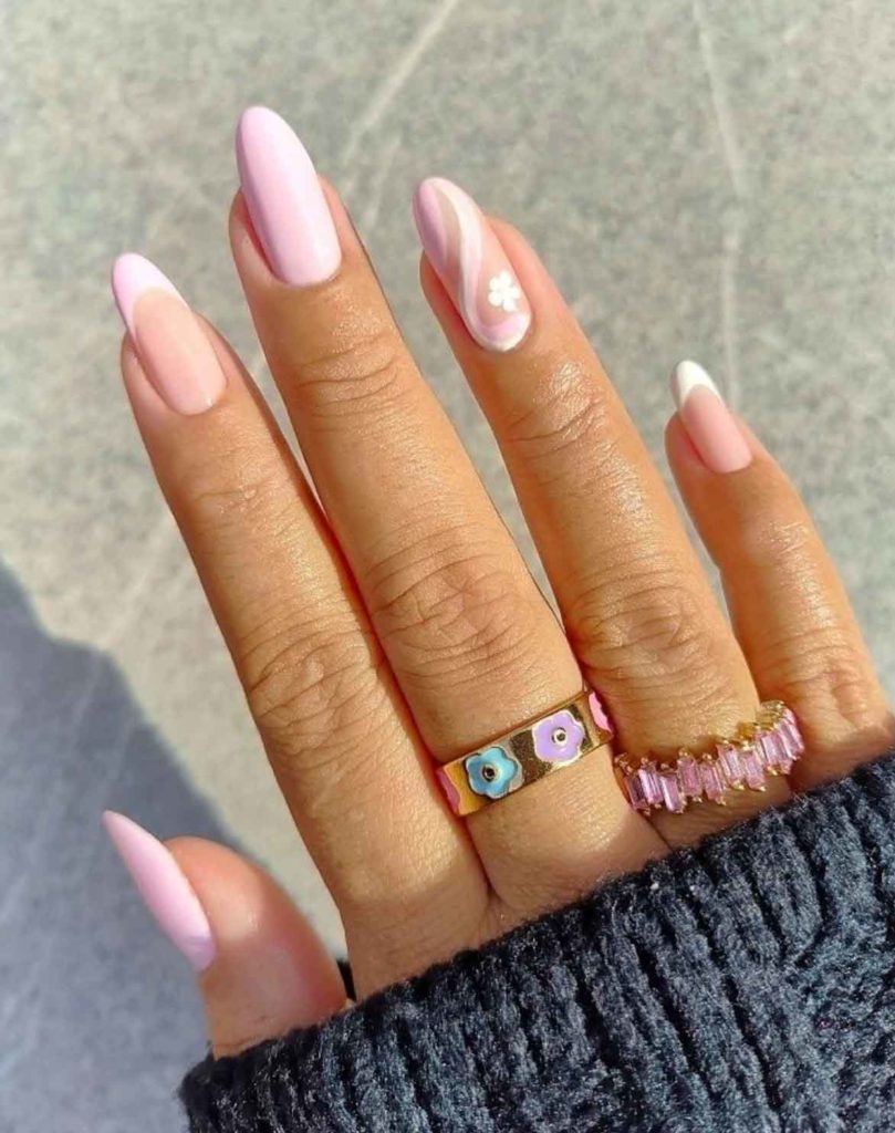 light pink nails design inspiration on almond long nails